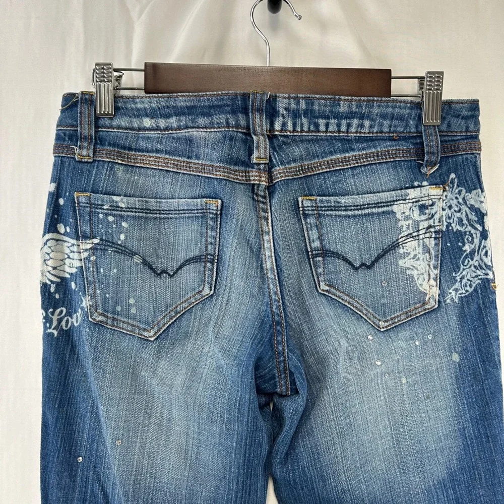 Zana Di Jeans Womens 11 Blue Y2K Skull Wing Rhinestone Paint Splatter Graphic